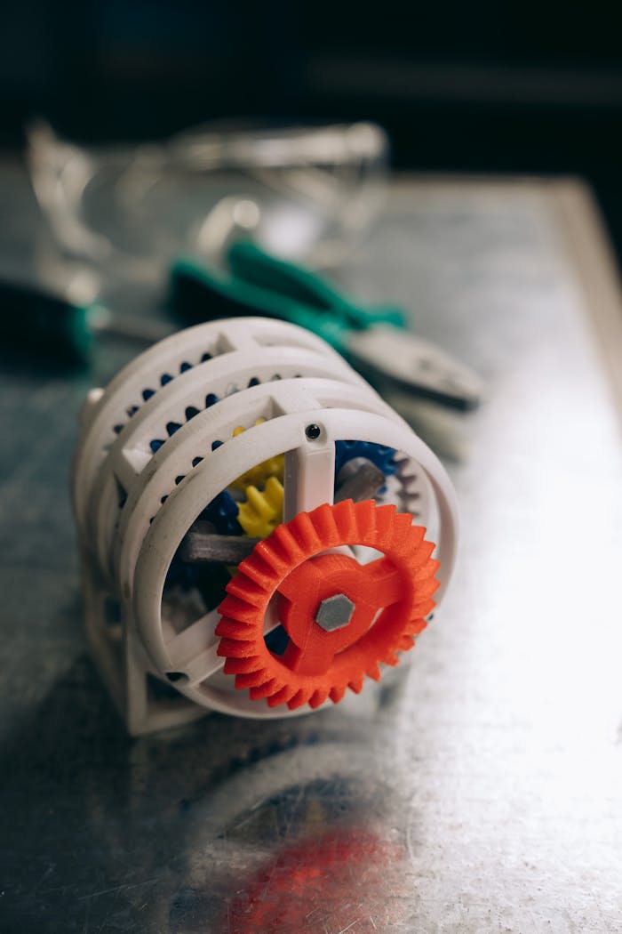 gallery-3 Close-up of colorful 3D printed gears on a workbench, showcasing modern technology.